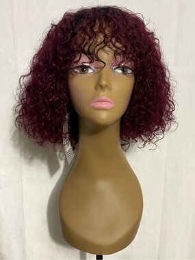 10" Curly Human Hair Bob Wig with Bangs Ombre Burgundy TT1B/99J NonLace Glueless